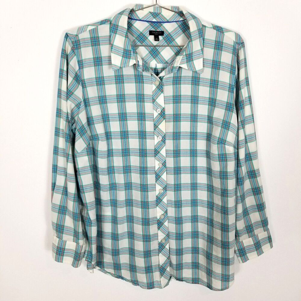 Talbots Women Plus Cotton Button Front Shirt Sz 2X Autumn Plaid Long Sleeve